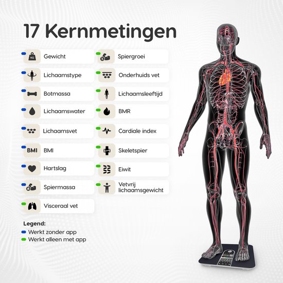 Dymac Quantum Fit Weegschaal Personenweegschaal Digitaal - Zwart - Slimme Weegschaal met 16x Lichaamsanalyse o.a. Vetpercentage - Incl. App