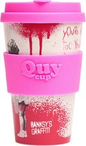 Quy Cup Tasse de voyage écologique de 400 ml - Le graffiti original de Banksy "Dream Big" sans BPA - Fabriqué à partir de Bouteilles en PET recyclées avec couvercle en silicone néo rose - mug de voyage