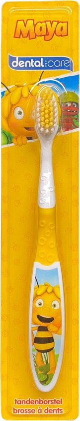 Brosse à dents enfant Maya dental care avec illustration de Maya l'abeille, manche jaune à motif floral.