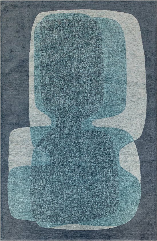 Rechthoekig blauw tapijt met abstract patroon en geometrische vormen - Poum Poum - Clear Sky - 170 x 240 cm