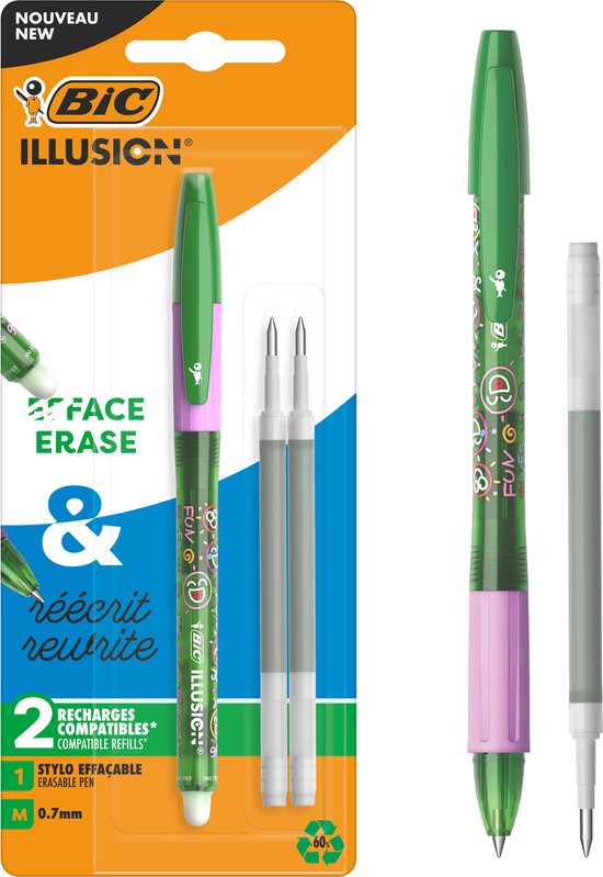 BIC Illusion Stylo bille effaçable et rechargeable et recharges - Encre verte - pack de 1 stylo + 2 recharges - Pointe Medium 0 mm