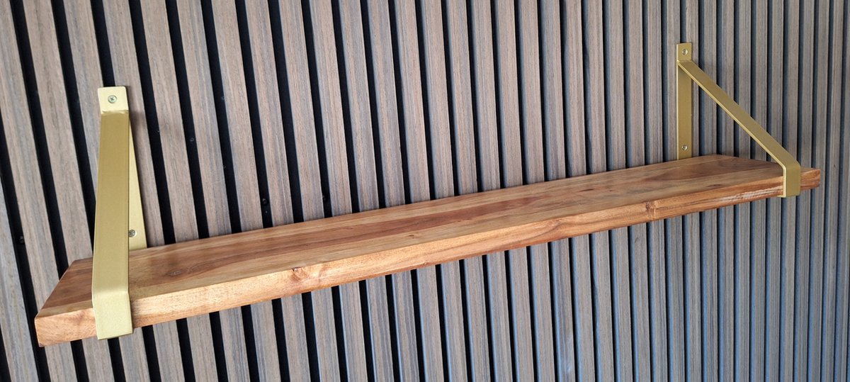 Hoexs - Acacia Hout - 80 cm - Inclusief Plankdragers Goud - Boekenplank - Boekenrek - Wandplank - Inclusief Bevestigingsmateriaal - Industrieel