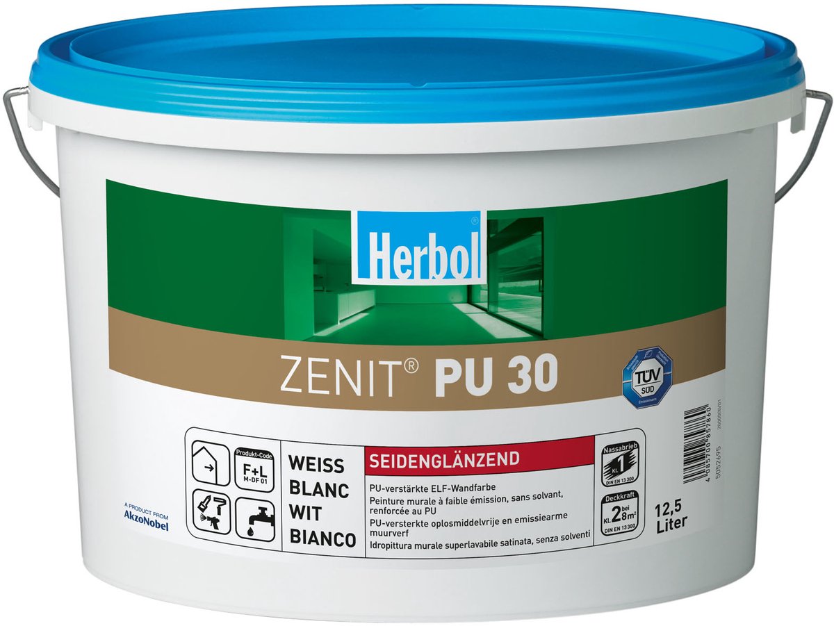 Herbol Zenit PU 30, Verf, Kant-en-klaar gemengd, Plafond, Beton, Gipsplaat, Muur, Wit, Satijnglans, Weiß
