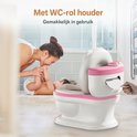 Moeder en baby in een badkamer met een roze en wit Twinky plaspotje met WC rolhouder. Tekst: "Met WC-rol houder. Gemakkelijk in gebruik."