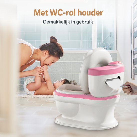 Moeder en baby in een badkamer met een roze en wit Twinky plaspotje met WC rolhouder. Tekst: "Met WC-rol houder. Gemakkelijk in gebruik."