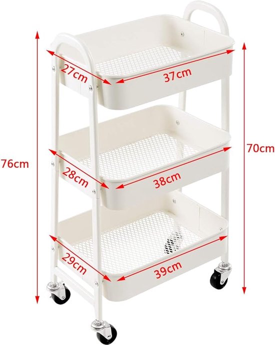 DOEWORKS Opbergwagen Rolwagen 3-etages Metaal Utility Cart, Organizer Trolleywagen met Wielen voor Keuken Make-up Badkamer Kantoor, Wit met 3 Kopjes