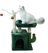 MaxxPet Krabpaal - Kattenspeeltuig Cactus - Krabton - Kattenhuis - Kattenkrabpaal 3 verdiepingen - 1 ligplek + Kattenhuisje met extra speeltjes - 40x30x75cm - Groen