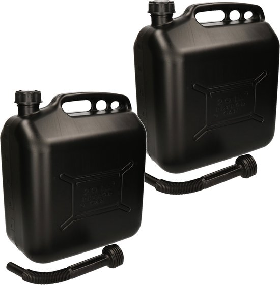 Foto: 2x stuks jerrycans benzinetanks 20 liter zwart met trechter voor diesel en benzine brandstof jerrycans benzinetanks