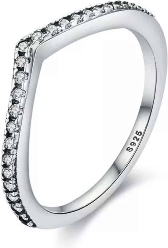 Zilveren Ringen - Ring V-vorm met zirkonia | Stapelbaar | 925 Sterling Zilver - 925 Keurmerk Stempel - 925 Zilver Certificaat - In Leuke Cadeauverpakking - Moederdag tip!