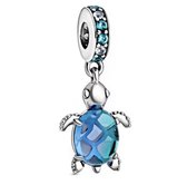 Dieren en Natuur - Zilveren bedels - Bedel Schildpad | Met blauw murano glas | 925 Sterling Zilver - Geschikt voor alle merken - Met 925 Zilver Certificaat - Tip voor Moederdag