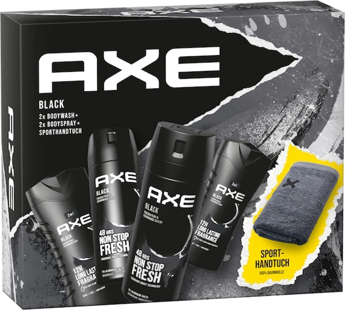 Goedkoopste Axe Black Geschenkset 5-delig - 2 x Douchegel 2 x Deodorant 1 x Handdoek - Cadeau - Heren - Vaderdag - Kerst - Sinterklaas
