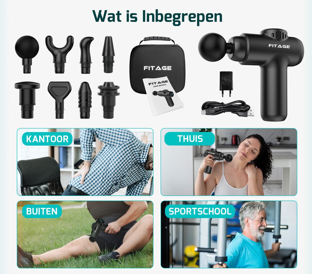 FITAGE Massage Gun Mini: 30 standen, 8 opzetstukken, draadloos thumbnail 6