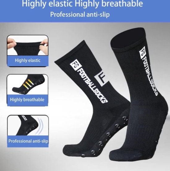 Chaussettes de sport noires avec crampons antidérapants, logo F3 FOOTBALL SOCKS, élastiques et respirantes.