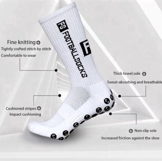 Chaussettes de sport blanches avec crampons antidérapants, semelle épaisse et logo F3 FOOTBALL SOCKS.