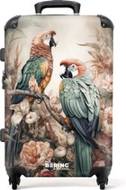 NoBoringSuitcases.com® - Koffer groot - Rolkoffer lichtgewicht - Twee papegaaien op een tak omringd door bloemen - Reiskoffer met 4 wielen - Grote trolley XL - 20 kg bagage