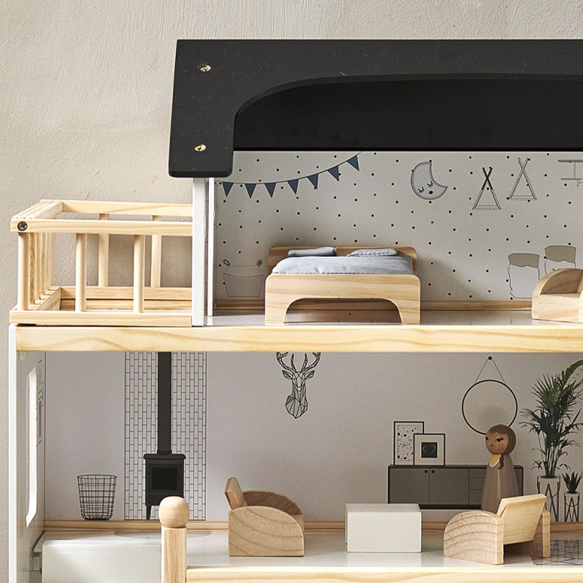 Petite Amélie Houten Poppenhuis - Zwart, grijs en wit - H.80 cm - Incl. 19 Poppenhuis Meubels – Voor een moderne speelwereld vol avonturen — afbeelding 2