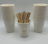 KURTT - Koffiebekers to go - 800 stuks + 800 roerstaafjes - koffiebeker karton, Wit - 8oz/200ml - 140mm roerstaafjes - Drinkbeker - Koffiebeker - Kartonnen Beker - Wegwerpbeker - Papieren Beker