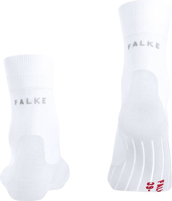Witte Falke enkellange sportsokken met grijze 'FALKE' logo's en rode '39-' tekst.