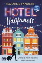 Boek 'Hotel Happiness Grote Letter Uitgave' met neonverlichte tekst en silhouet van een vrouw met koffer.