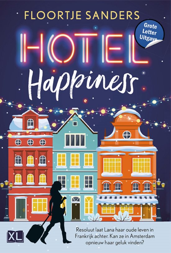 Boek 'Hotel Happiness Grote Letter Uitgave' met neonverlichte tekst en silhouet van een vrouw met koffer.
