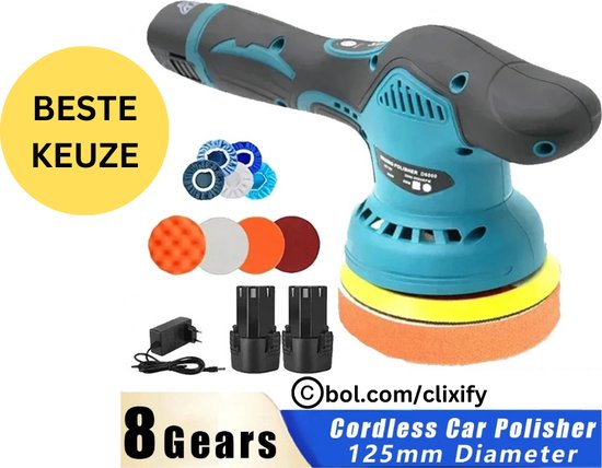 Clixify Polijstmachine - Draadloze Polijstmachines - polijstschijven - Multifunctionele Waxmachine - Poetsmachine - Automatisch - Polijst Set - Inclusief: 2 Accu's + Oplader, 5x Schuurschijfen, 4x Pads En 2x Hoezen - 8 Versnellingen - Blauw