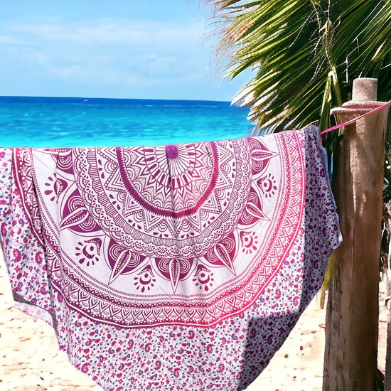 XL Groot strandlaken - 2 persoons strandkleed - roze - Mandala - Duurzaam katoen