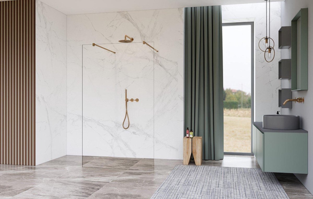 Fortifura Galeria Vrijstaande Inloopdouche - 120x200cm - Rookglas - antikalk - 8mm veiligheidsglas - wandsteunen - Geborsteld Gunmetal PVD
