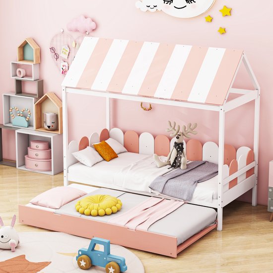 Sweiko Kinderbed 90x190cm met uitschuifbaar bed, huisbed voor jongens en meisjes met dak en rugleuning, massief houten bed met lattenbod, Roze