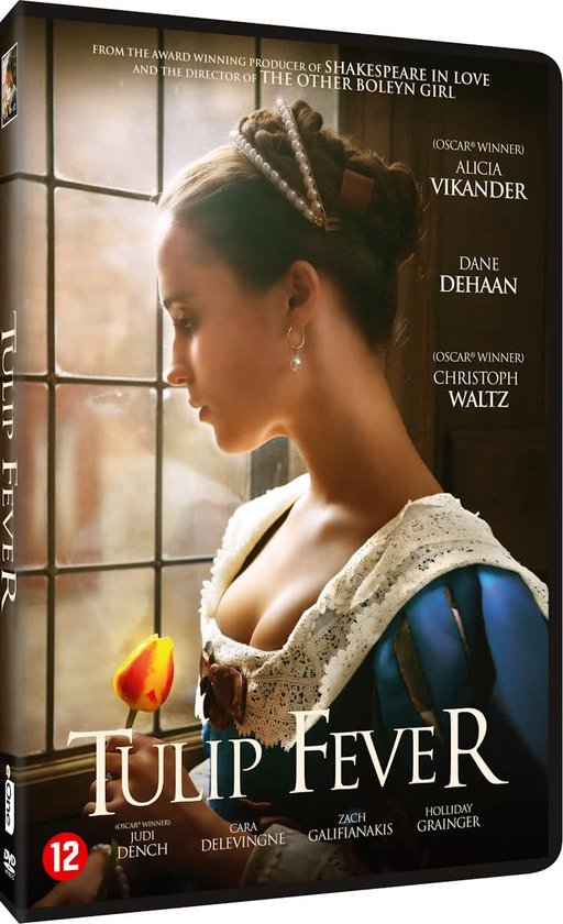 DVD-hoes van Tulip Fever met een vrouw in een blauwe jurk die een tulp vasthoudt en een parelketting draagt.