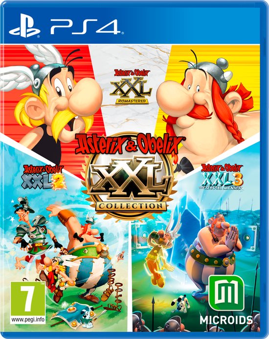 PS4 gamehoes met Asterix en Obelix in gevechtsposes. De tekst 'Asterix & Obelix XXL COLLECTION' is centraal.