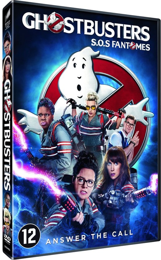 DVD-hoes van Ghostbusters met vier vrouwen in uniformen, wapens vasthoudend, omringd door paarse energie.