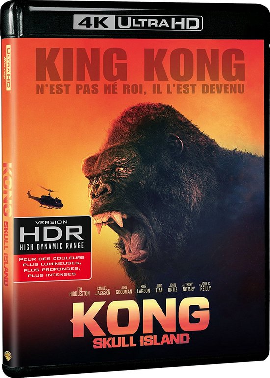 4K Ultra HD Blu-ray hoes van Kong: Skull Island, met een grote aap en de tekst "KING KONG N'EST PAS ROI, IL L'EST DEVENU".