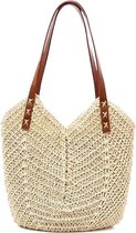 Rieten strandtas - Beige/bruin - Schoudertas met ritssluiting - Stro/riet/rotan - PU lederen handvaten - 37 x 30 cm - Handtas voor volwassenen - Gevoerd met binnenvak - Handgemaakt - Shopper