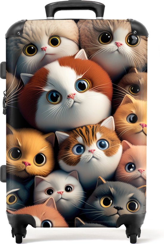 Zwarte koffer met een print van veel schattige kittens met grote ogen.
