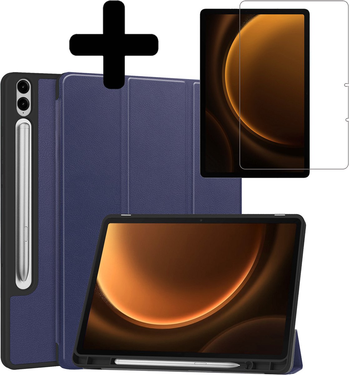 Hoes - Geschikt voor Samsung Galaxy Tab S9 FE Plus - Met Screenprotector - Trifold Bookcase - Hard Cover Case - Met Uitsparing Geschikt voor S Pen - Hardcover Book - Tablet Hoesje - Donkerblauw