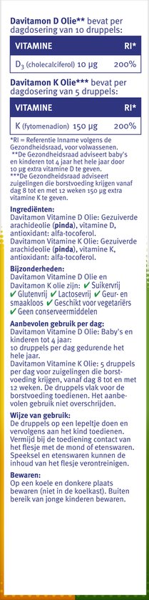 Gedetailleerde productinformatie en ingrediënten Davitamon vitamine D en K olie.