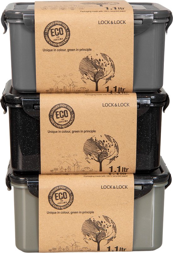 Conteneurs frais Lock&Lock ECO | Boîtes de conservation alimentaire - 1,1 litre - Durable - Zéro déchet - 100% plastique recyclé - Set de 3 pièces