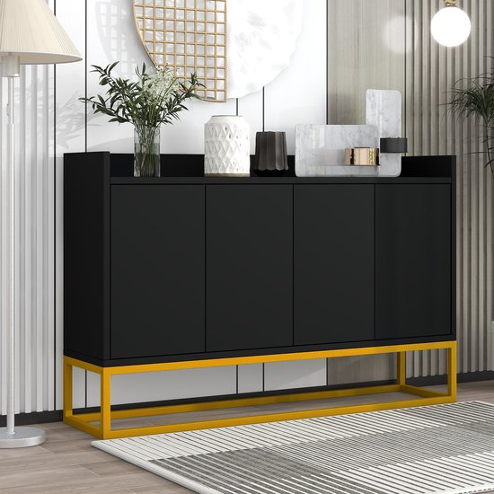 Sweiko Modern Dressoir in minimalistische stijl, 4-deurs handvatloze buffetkast voor eetkamer, woonkamer, keuken, Zwart