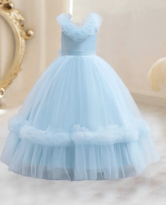 tutu jurk-effen jurk met tule- lange tule jurk met ceintuur-feestjurk-galajurk-bruidsjurk-prinsessen jurk-bruidsmeisjes-bruiloft -verjaardag- fotoshoot- hemelsblauw- 7-8 jaar