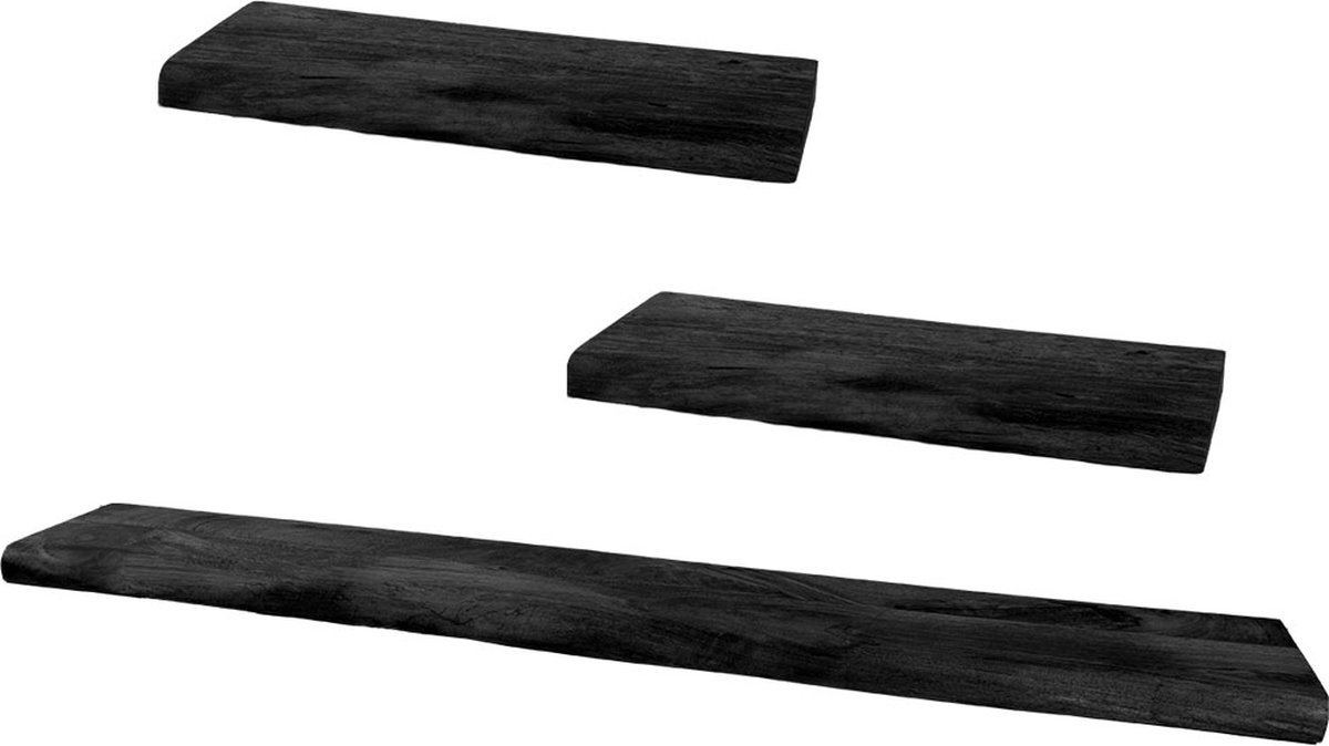 Home67 Wandplank Pure Zwart Mangohout - Set van 3 Groot - Zwevende Wandplanken met Natuurlijke Boomrand
