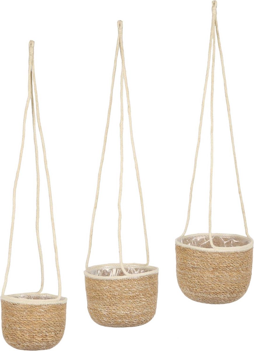 YellowPack Zeegrasmand hangmand set van 3 naturel 23 20 17 cm decoratieve mandenset om op te hangen met jutekoord