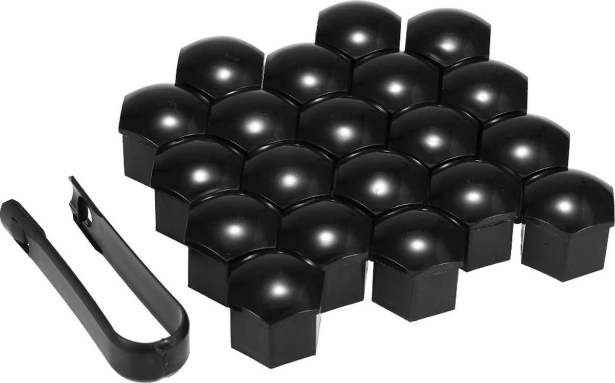 Wielmoerkapjes 17 mm Zwart Glans Kunststof Set van 20 stuks inclusief Tweezer tool Universeel