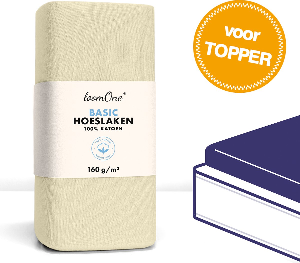 Loom One Hoeslaken Topper – 100% Jersey Katoen – 130x200 cm – tot 10cm matrasdikte– 160 g/m² – Natural / Crème