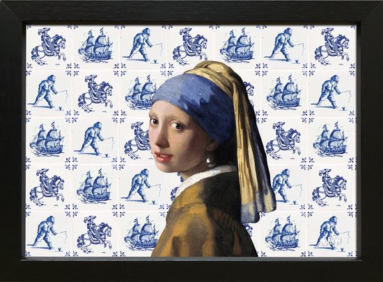 Vermeer Meisje met de Parel met Delfts Blauwe Tegels in een zwart houten lijstje 15x20cm - kunstcadeautje