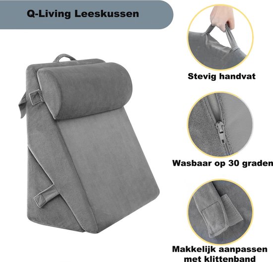 180 cm Rugkussen grijs,Leeskussen voor bed en bank,wigkussen,positioneringsteunkussen,zitkussen,driehoekskussen,groot met wasbare hoes, wigvormig kussen voor op bed