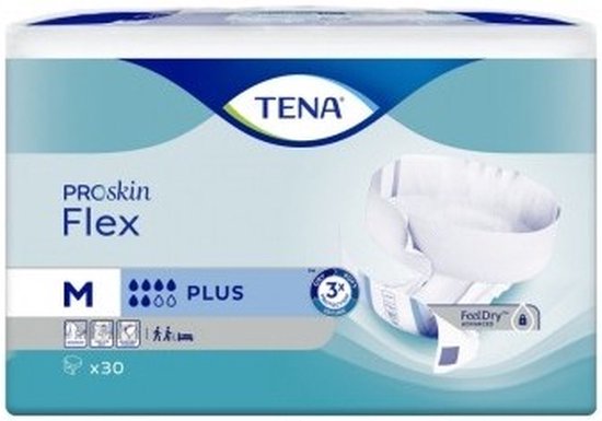Een verpakking TENA Proskin Flex Plus Medium. De verpakking is blauw en wit met 'TENA' logo en productdetails.