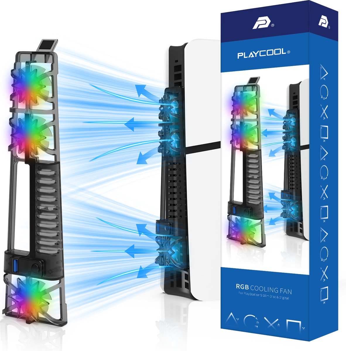 PlayCool PS5 Slim Disc Edition & Digital Edition USB Console Cooling Fan met LED en RGB – foto 6