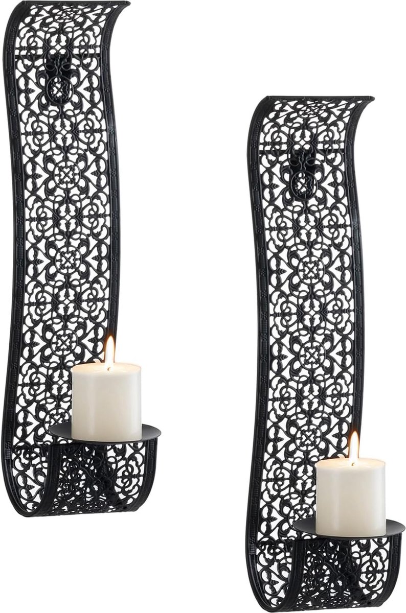 Wandkandelaar - Set van 2 - Zwart - Kaarshouder - Kaars - Kandelaar - Wanddecoratie - Woonkamer - Slaapkamer - Elegant