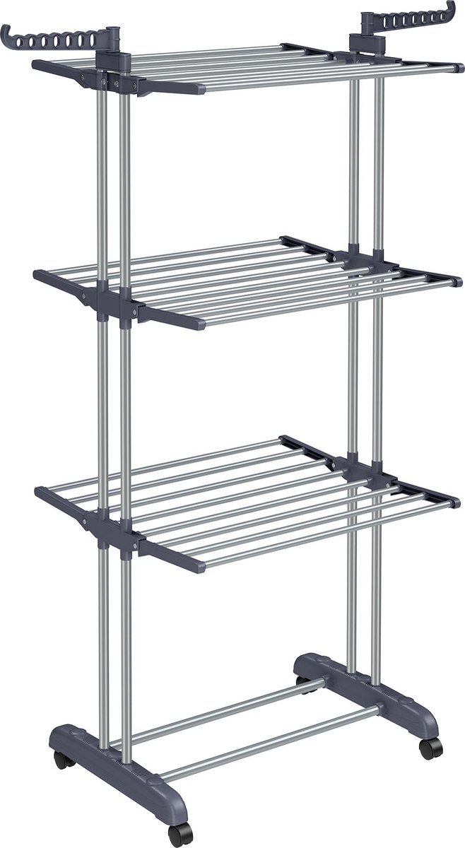 Grote kledingluchter, opvouwbaar droogrek voor kleren 4-niveaus, beweegbare kleding paard, 64 x 126 x 172 cm, roestvrij staal, vouwvleugels, eenvoudige montage, binnen buiten gebruik, grijs