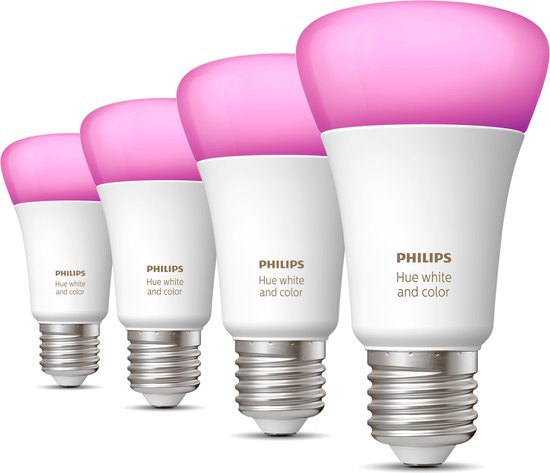 Philips Hue E27 White and Color Ambiance Uitbreidingspakket - 4 Hue Lampen - Wit en Gekleurd Licht - Werkt met Alexa en Google Home